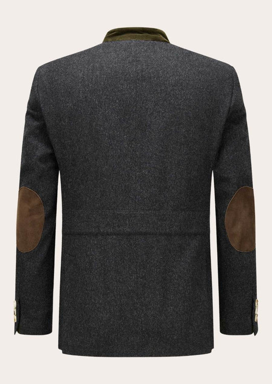 Men's Bavarian-style traditional jacket back, dark gray with brown elbow patches