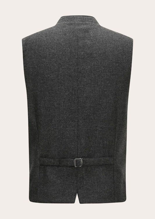 Men's traditional dark gray vest back with stand collar and waist belt with buckle