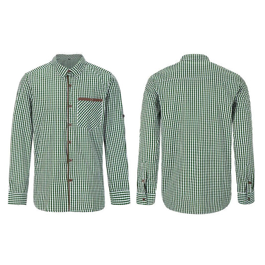 Men's green-and-white plaid button-up shirt, long sleeves, back view