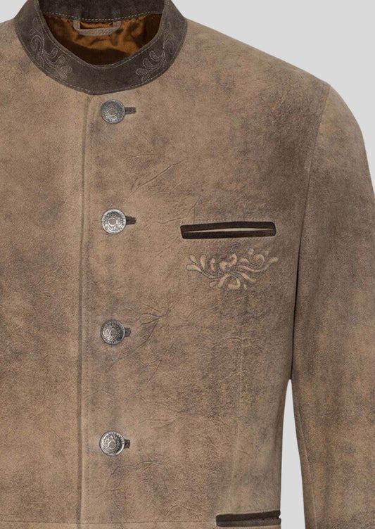 Men's trachten jacket close-up: tan-brown button placket and decorative chest trim
