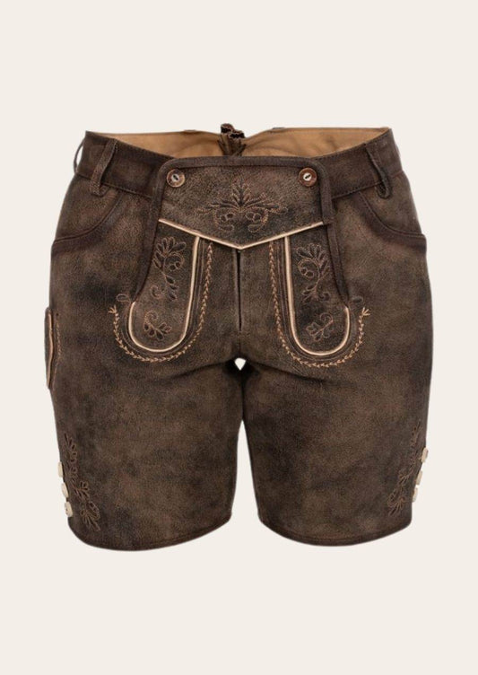 Trachtenlederhose Damen kurz dunkelbraun für Oktoberfest - Lederhose Herren