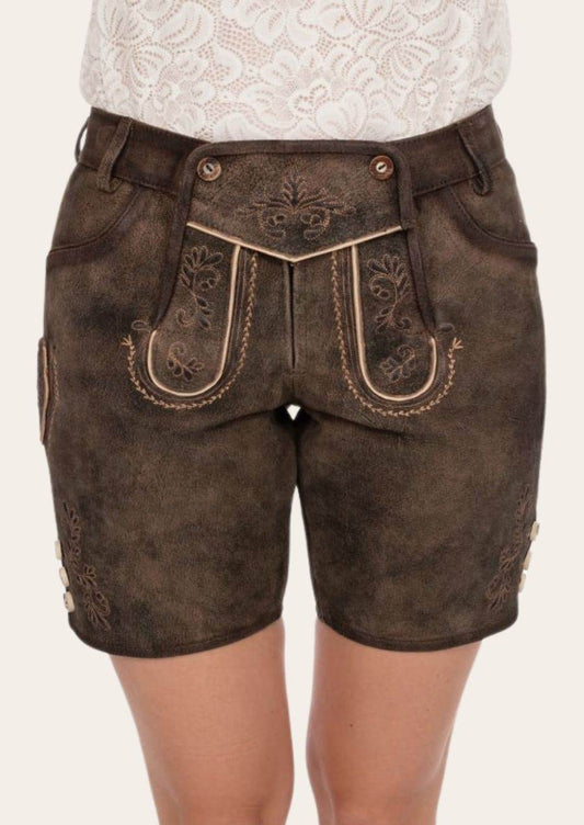 Dark brown leather short lederhosen with ornate embroidered pockets and brass buttons