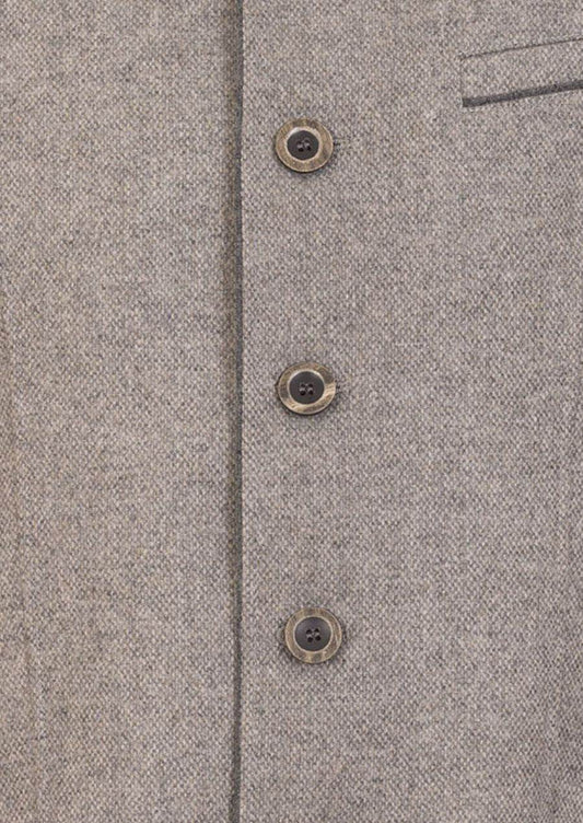 Heather gray wool blazer close-up of three-button front placket