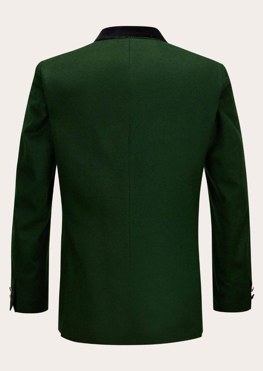 Men's dark green blazer jacket, back view with long sleeves and center back seam