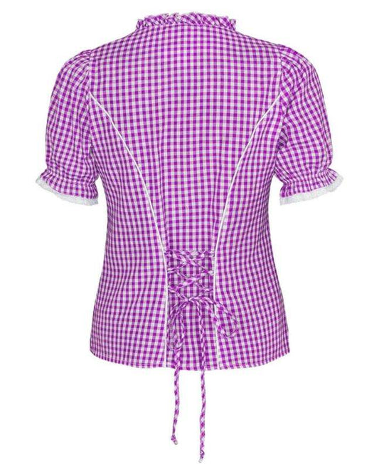 Women's purple gingham blouse back with gathered tie detail and short sleeves