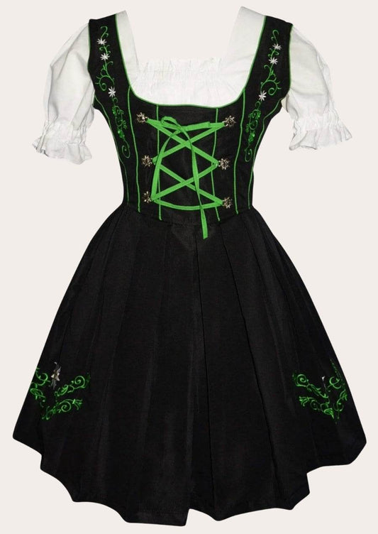Dirndl dress with white puff sleeves, black bodice and green lace-up, full black skirt with green trim