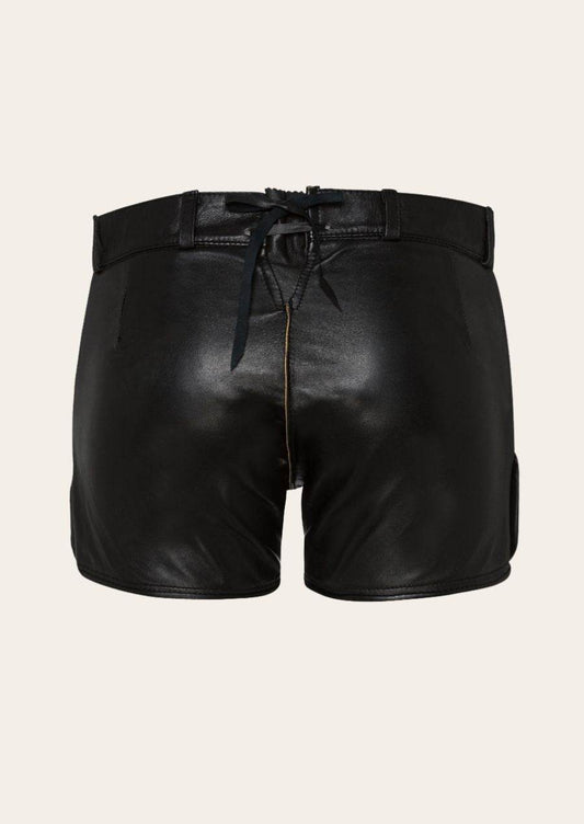 Women’s black leather lederhosen shorts with waistband drawstring and clean front