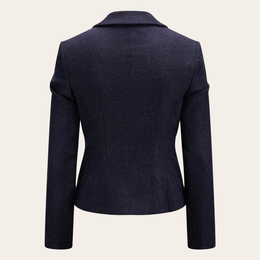 Fitted women's traditional felt jacket in navy, back view with stand collar
