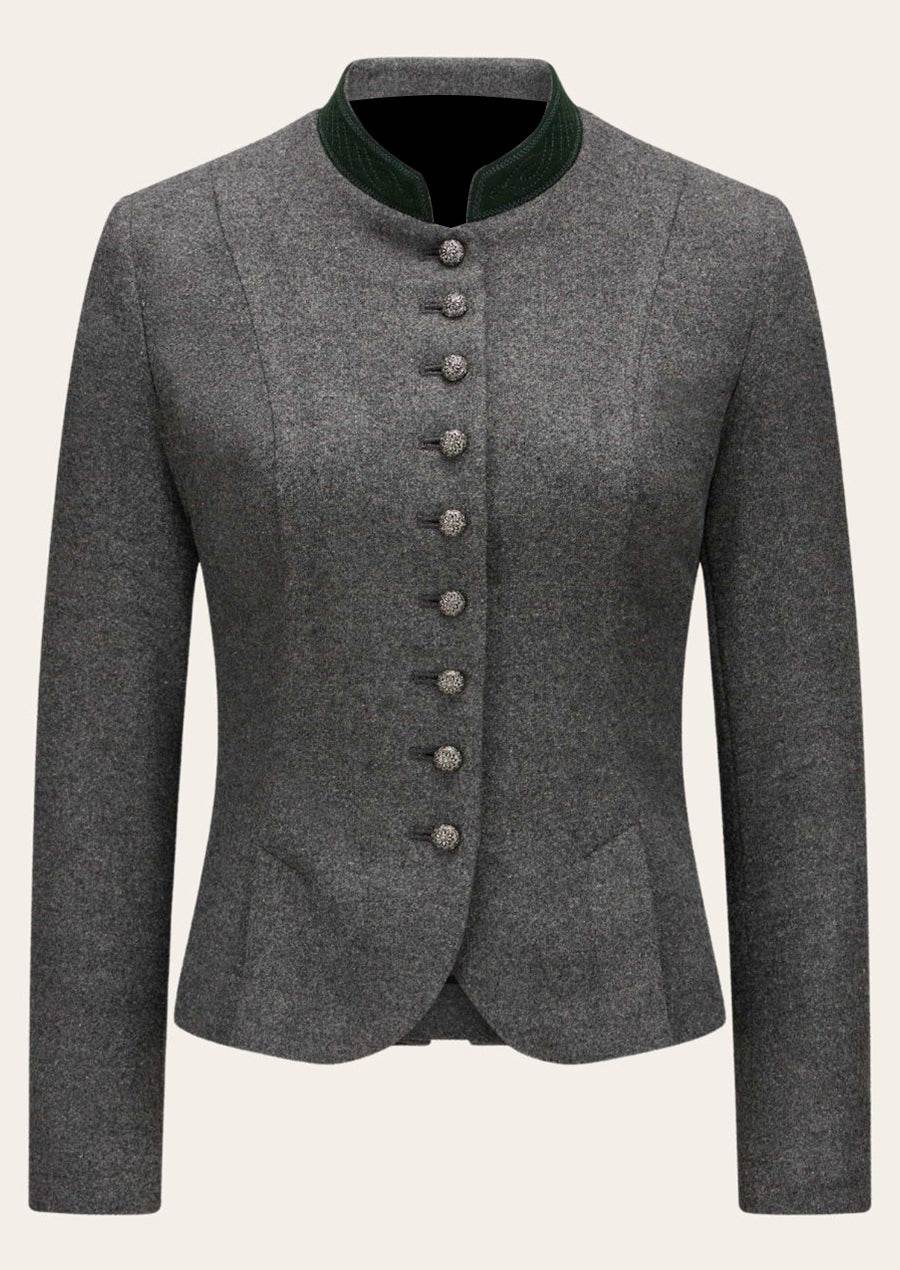 Traditional women’s jacket in dark gray with green stand collar and button front