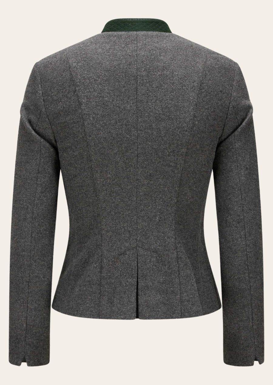 Traditional women’s gray jacket with green stand collar, back view with tailored seams