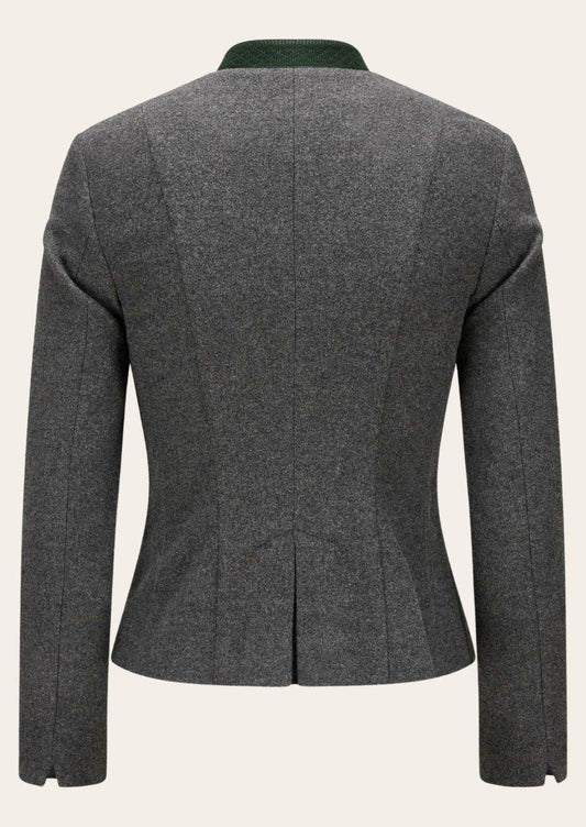 Traditional women’s gray jacket with green stand collar, back view with tailored seams