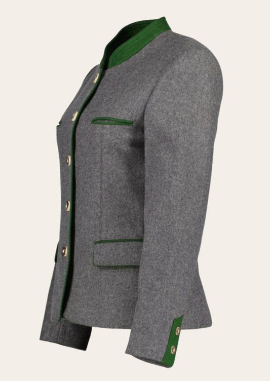 Women’s Oktoberfest jacket side view, dark gray wool with green trim and deer-horn buttons