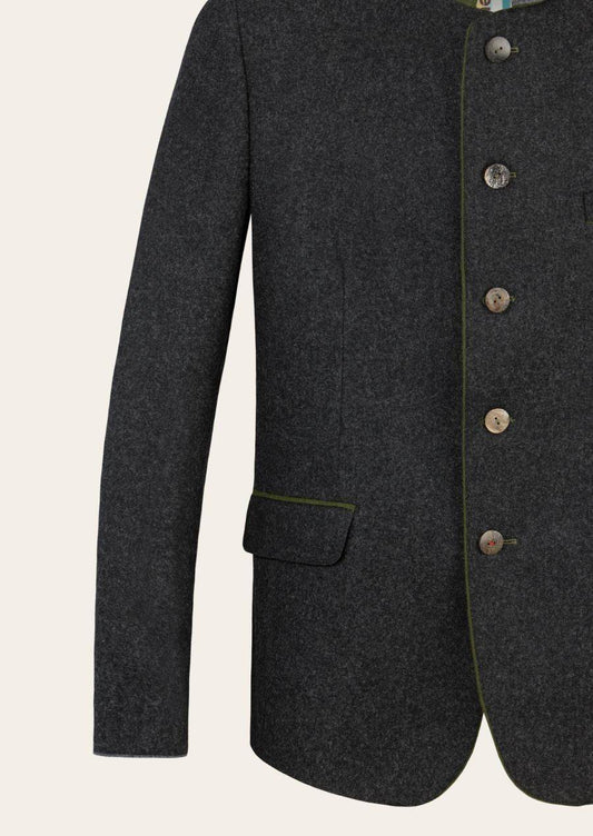 Mens dark charcoal jacket with green piping and button placket detail