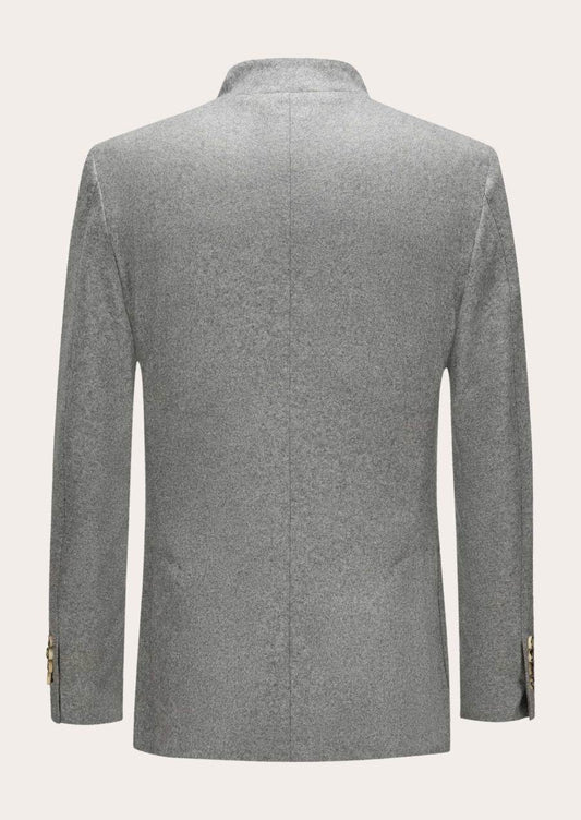 Men's loden-style jacket, grey back view with stand collar and gold button placket