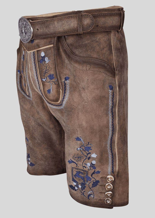 Men's Bavarian lederhosen, side view in brown with blue embroidery and button placket