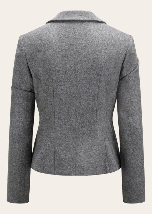 Short traditional women’s jacket back view, gray, back seams and long sleeves