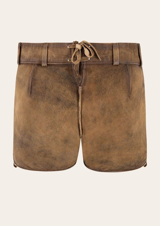 Women's brown leather lederhosen with drawstring waist, no visible embroidery