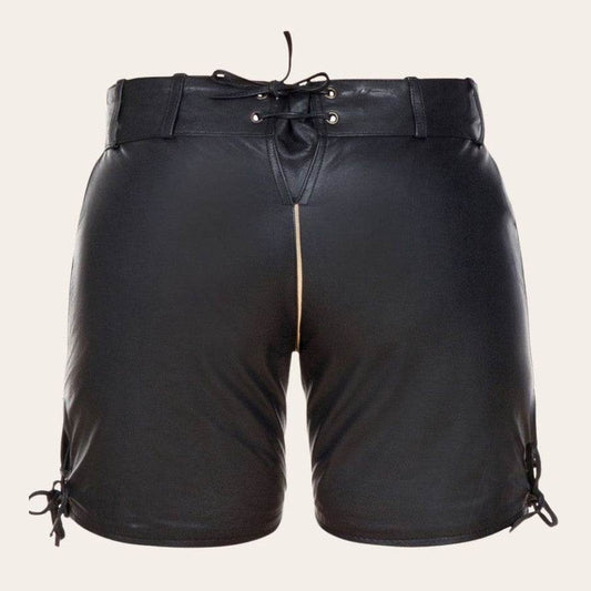 Women's short Oktoberfest-style shorts, black with lace ties at sides and front drawcord