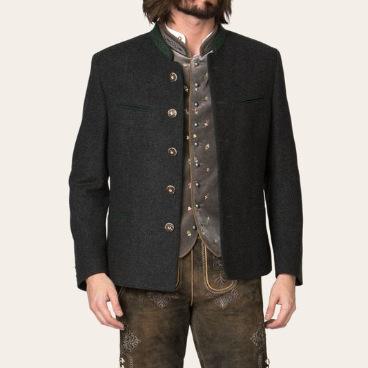 Men's traditional jacket, dark fabric, green piping, horn-style button front, stand collar