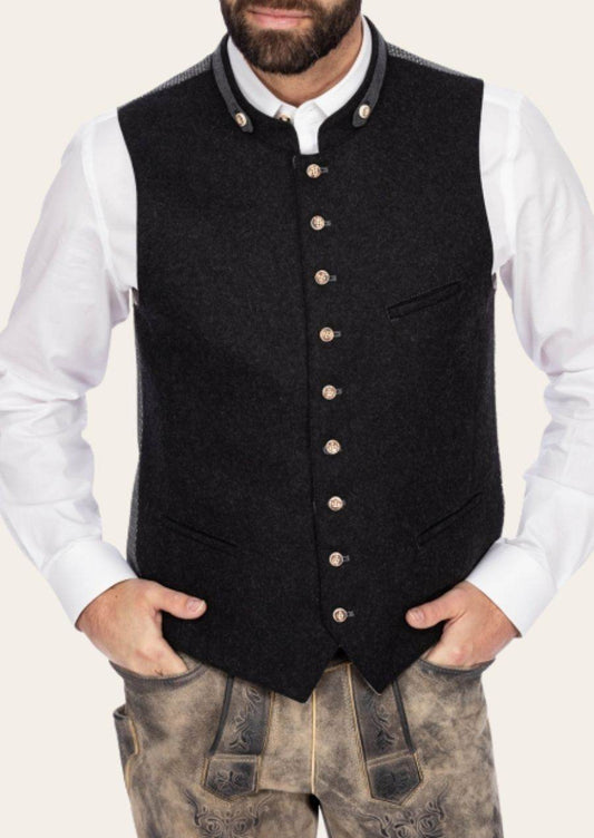 Dark charcoal sleeveless vest with metal buttons, worn over white dress shirt