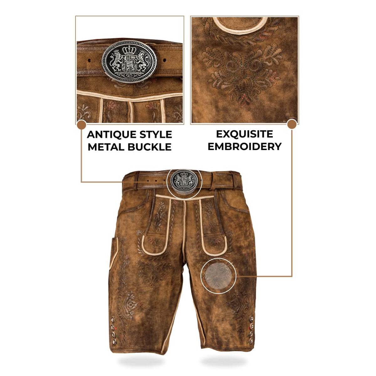 Herren Trachtenhose Kurz in Dunkelbraun mit Hirschmotiv - Lederhose Herren