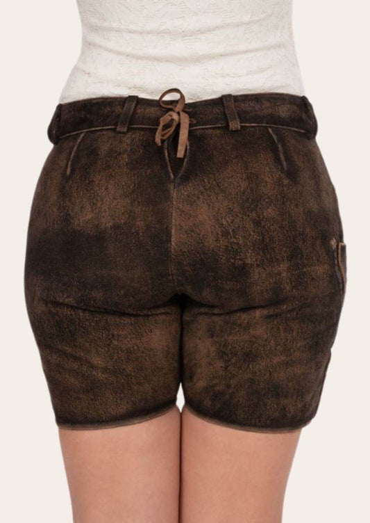Women's dark brown leather shorts with bow tie waistband and stitched ornamentation