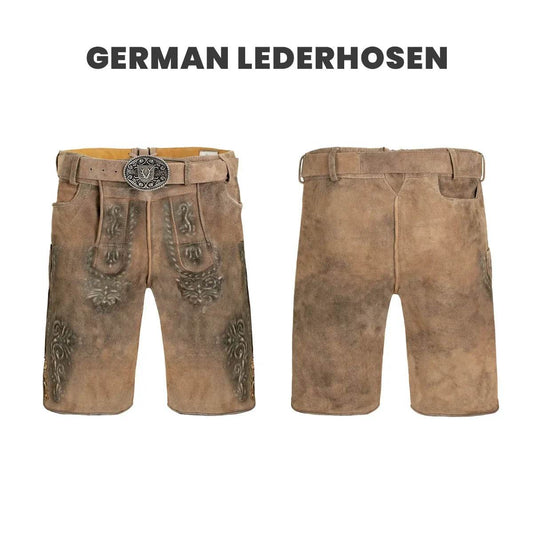 Short leather lederhosen showing front embroidery and plain back view with waistband tabs