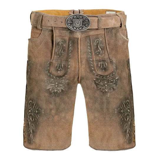 Zünftige Lederhose Herren kurz mit markanter Stickoptik - Lederhose Herren