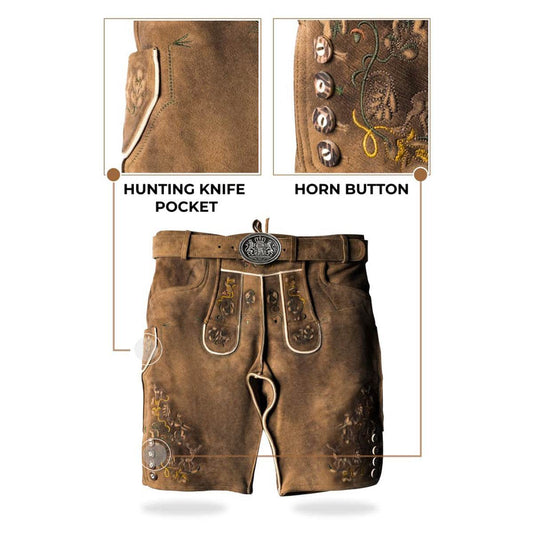 Men's brown leather lederhosen with embroidered details, knife pocket, and horn buttons