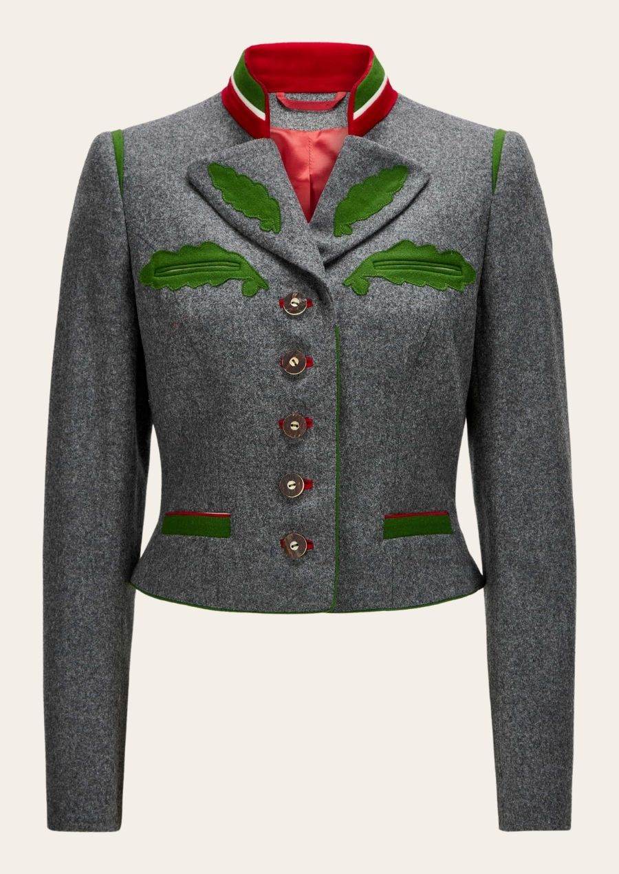 Women’s gray loden jacket with green embroidery, button front, red-green trim