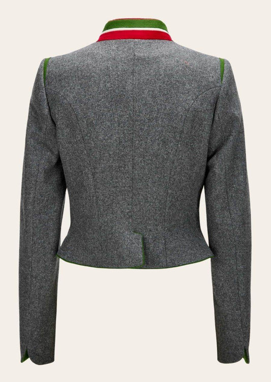 Women’s gray loden jacket, back view, red-green collar with green hem trim