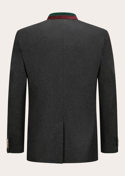 Men's Bavarian-style jacket, dark gray with green-and-red collar trim, back view