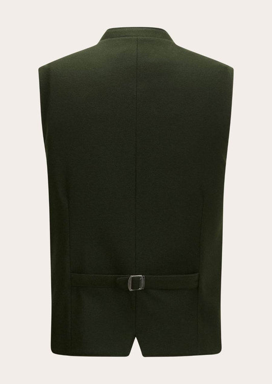 Classic traditional vest back, dark olive green with center seam and waist strap buckle