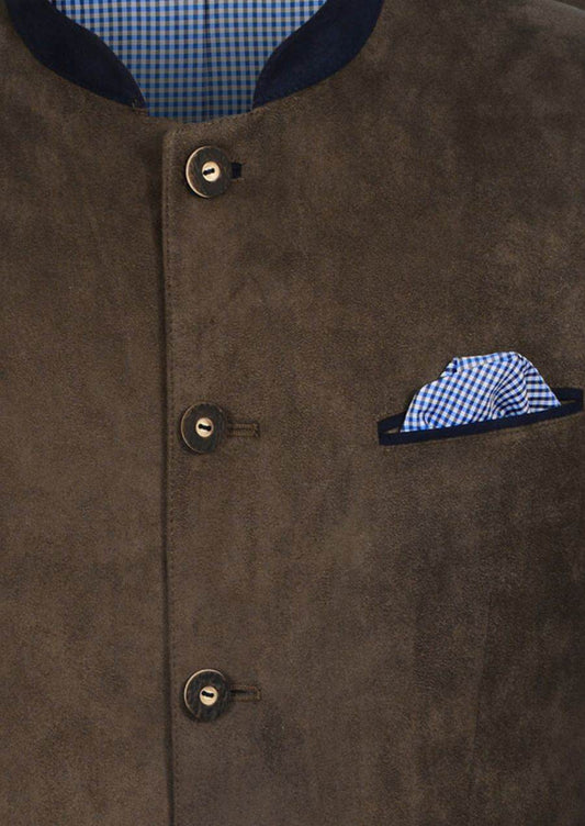 Men's brown loden jacket close-up: plaid pocket, button front, plaid collar