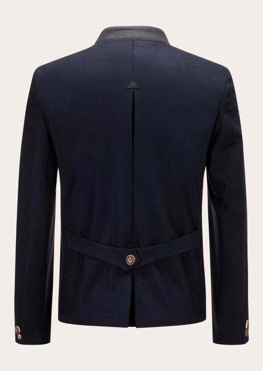 Men's modern traditional jacket back view, dark blue with waist belt and button.