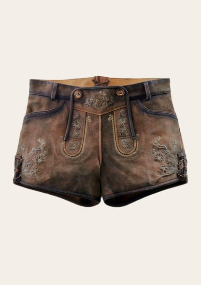 Dunkelbraune Damen Lederhose kurz mit Trachtencharme fürs Fest - Lederhose Herren