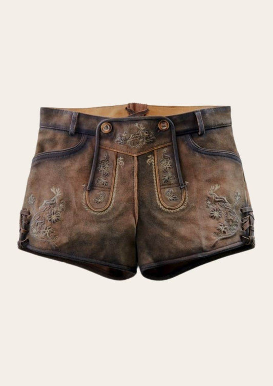 Dunkelbraune Damen Lederhose kurz mit Trachtencharme fürs Fest - Lederhose Herren
