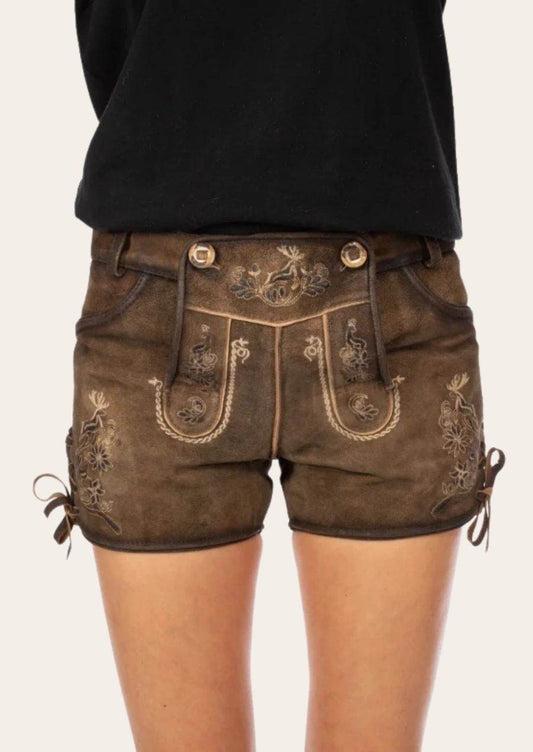 Women’s dark brown leather shorts with ornate front yoke and side tie laces