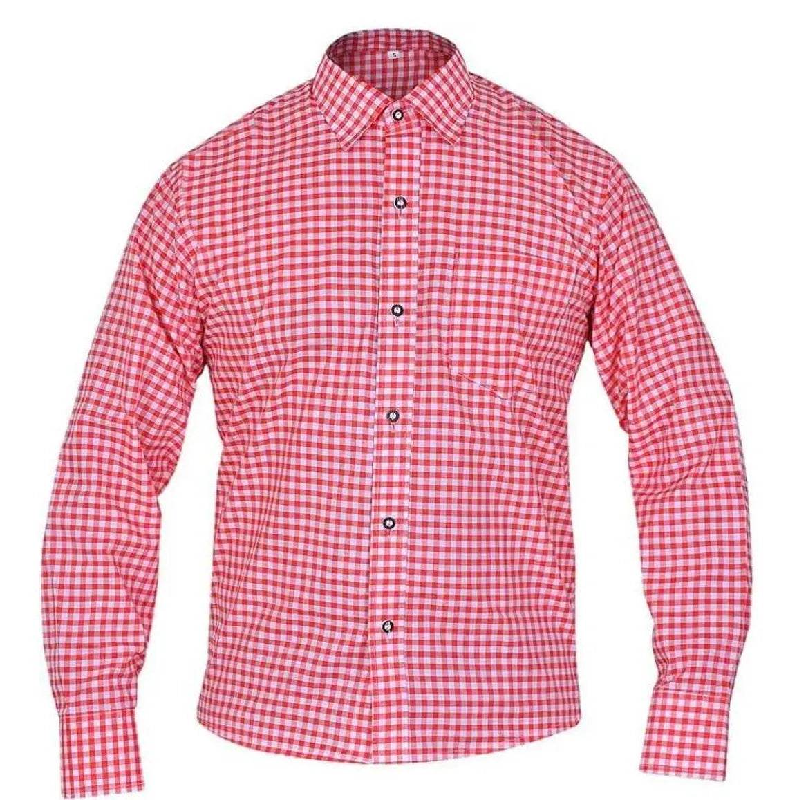 Men's red gingham check dress shirt with button-front placket and long sleeves