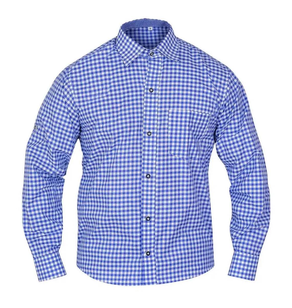 Men's blue gingham check dress shirt with button-front placket and long sleeves