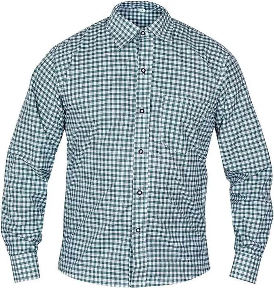 Men's teal gingham check dress shirt with button-front placket and long sleeves
