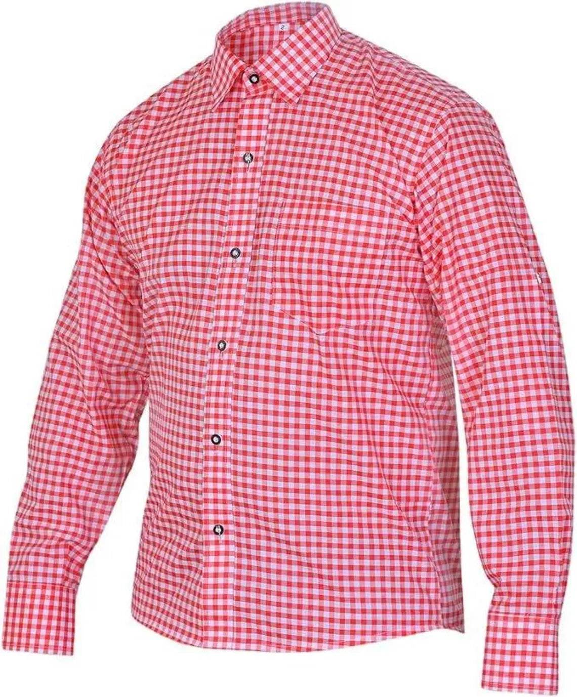 Men's red gingham check dress shirt, button-front placket and long sleeves