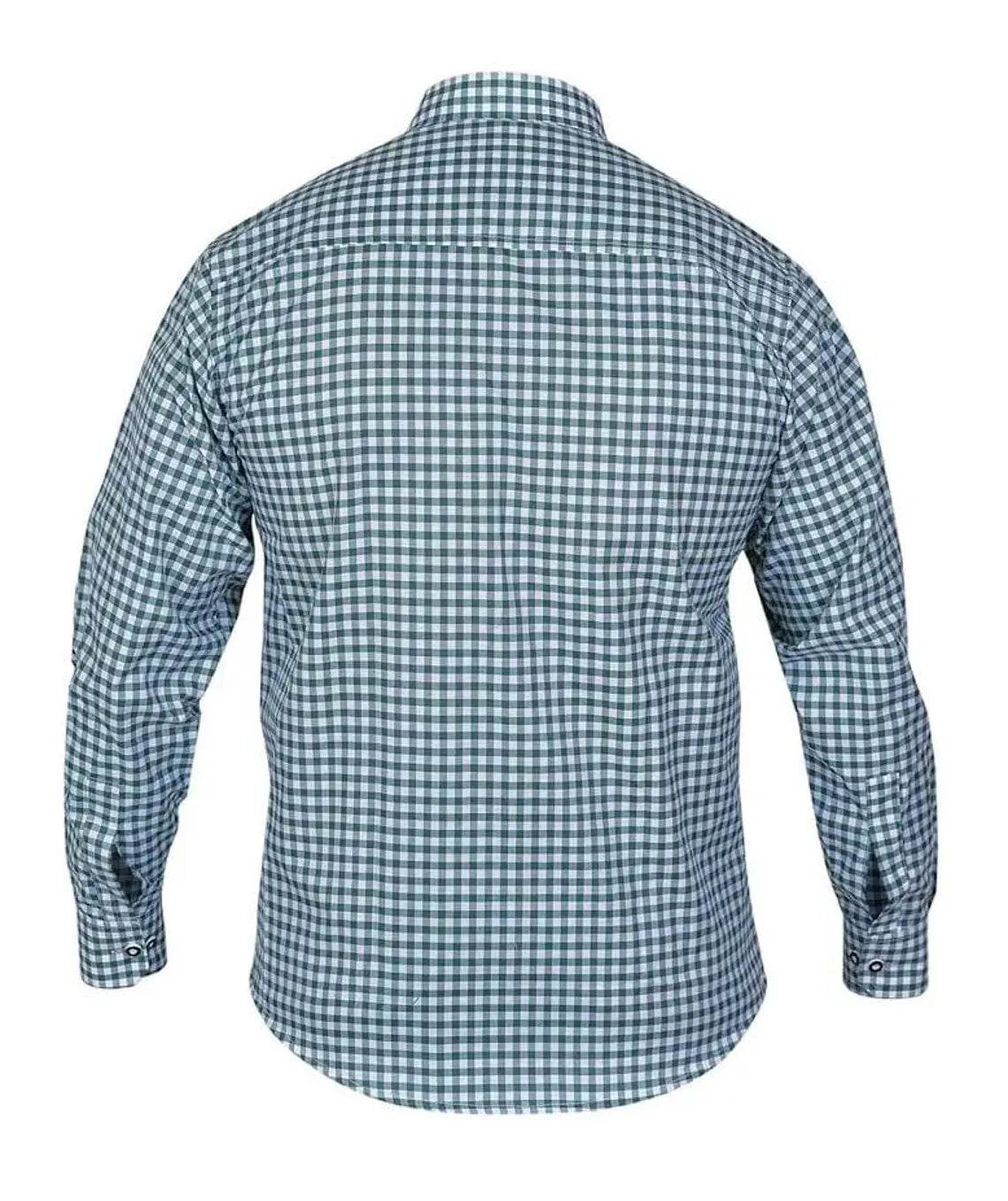 Men's teal gingham check dress shirt, back view, long sleeves
