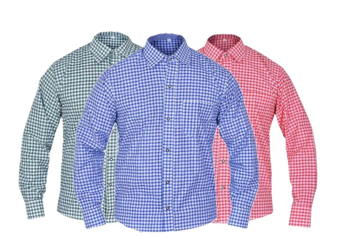 Men's check dress shirts set in teal, blue, and red with button-front