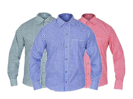 Men's check dress shirts set in teal, blue, and red with button-front