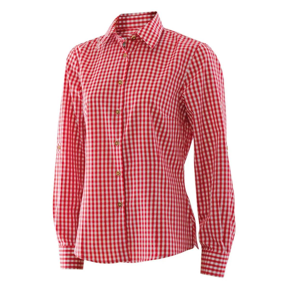 Red and white plaid button-up shirt with long sleeves and button front