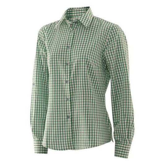 Green plaid button-up shirt with long sleeves