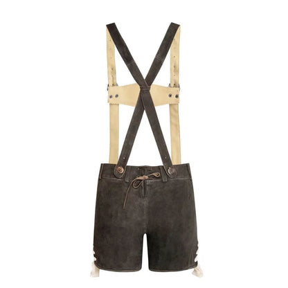 Damen Lederhosen kurz dunkelbraun mit Trachtenstickerei - Lederhose Herren