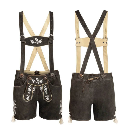 Dark leather lederhosen shorts, tan suspenders, white trim embroidery (front and back views)