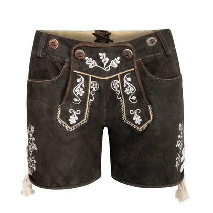 Damen Lederhosen kurz dunkelbraun mit Trachtenstickerei - Lederhose Herren